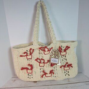 Handcrafted Crochet Tote Bag With Red & Beige Embroidery